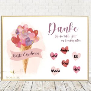 Abschiedsgeschenk für die Erzieherin, Herzen mit Namen der Kinder, + gratis PDF, personalisiertes Abschiedsgeschenk Kindergarten, Danke