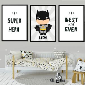 Personalisiertes Kinderzimmerbild, Poster Set mit Superheld, mit Personalisierung, Kinderzimmerdekoration, Poster für Kinder, 3 Wandbilder