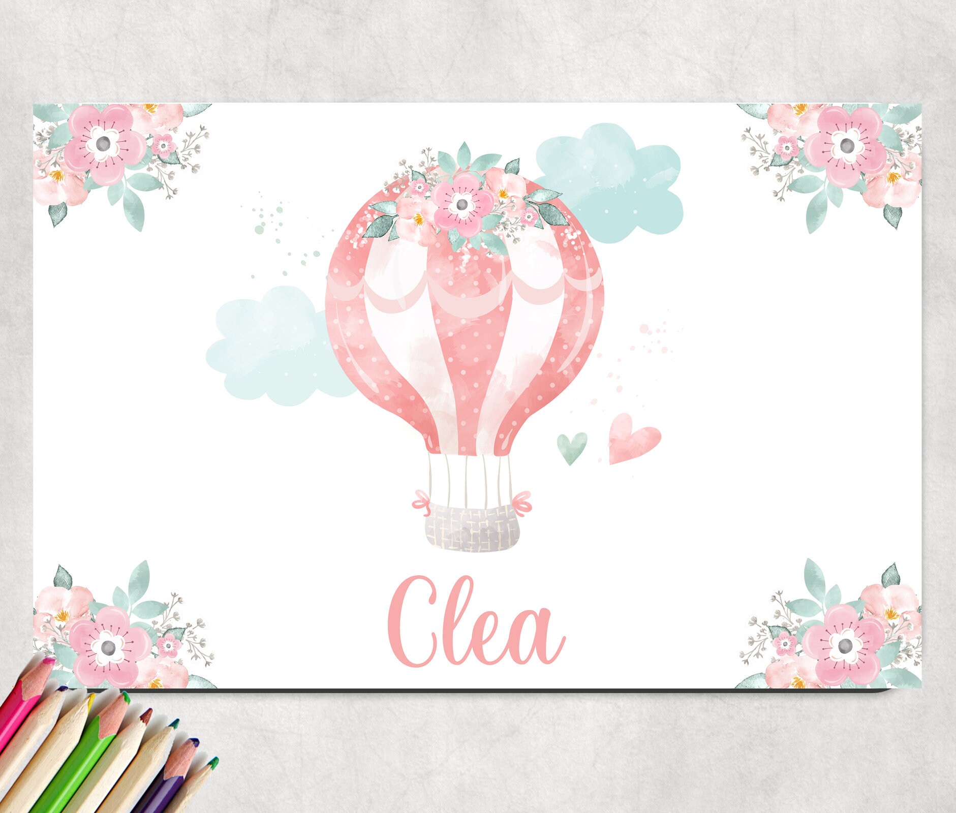 Große SCHREIBTISCHUNTERLAGE "Ballon" personalisiert mit Name aus weißem, abwaschbaren Kunststoff, kratzfest, Malunterlage, Geschenk