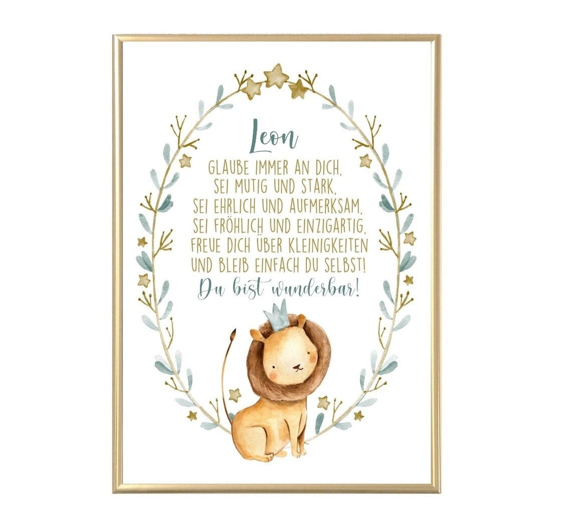 Motivation für Kinder, Personalisiertes Poster für Kinder mit Löwe und Name "Glaube an dich" | Affirmation | Geschenk, Glaubenssätze