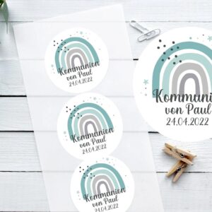 24 AUFKLEBER zur Kommunion oder Konfirmation | personalisiert | mit Name | Gastgeschenke | Regenbogen | Sticker, Etiketten