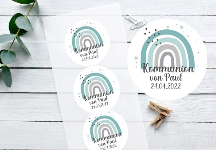 24 AUFKLEBER zur Kommunion oder Konfirmation | personalisiert | mit Name | Gastgeschenke | Regenbogen | Sticker, Etiketten