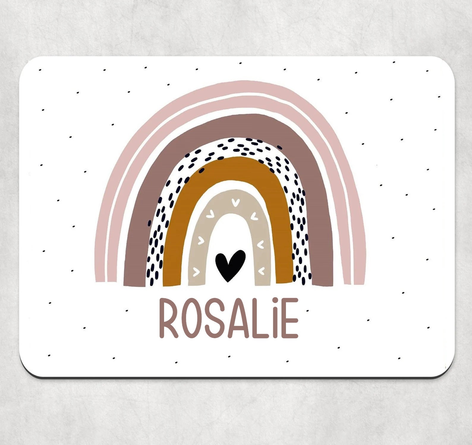 Große SCHREIBTISCHUNTERLAGE "Regenbogen lila" personalisiert mit Name aus weißem, abwaschbaren Kunststoff mit rutschfestem Kautschuk-Rücken