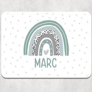 Große SCHREIBTISCHUNTERLAGE "Regenbogen mint" personalisiert mit Name aus weißem, abwaschbaren Kunststoff mit rutschfestem Kautschuk-Rücken