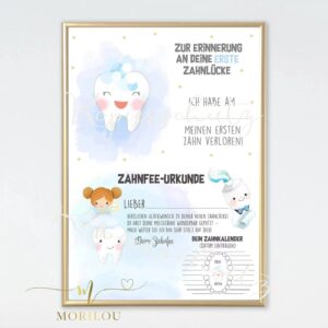 PDF Datei - POSTER Zahnfee Urkunde blau & Erinnerung an die Zahnlücke | Brief Zahnfee | Milchzähne | erste Zahnlücke Zertifikat | Urkunde
