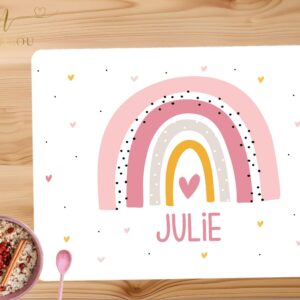 TISCHSET für Kinder mit Regenbogen personalisiert mit deinem Namen aus weißem, abwaschbaren Kunststoff / Platzdeckchen / Platzset für Kinder