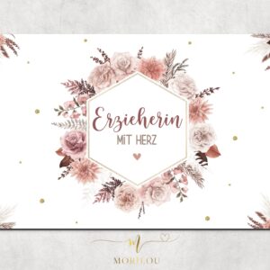 Geschenk für die Erzieherin Große SCHREIBTISCHUNTERLAGE "Erzieherin mit Herz" aus weißem, abwaschbaren Kunststoff, Unterlage, Malunterlage