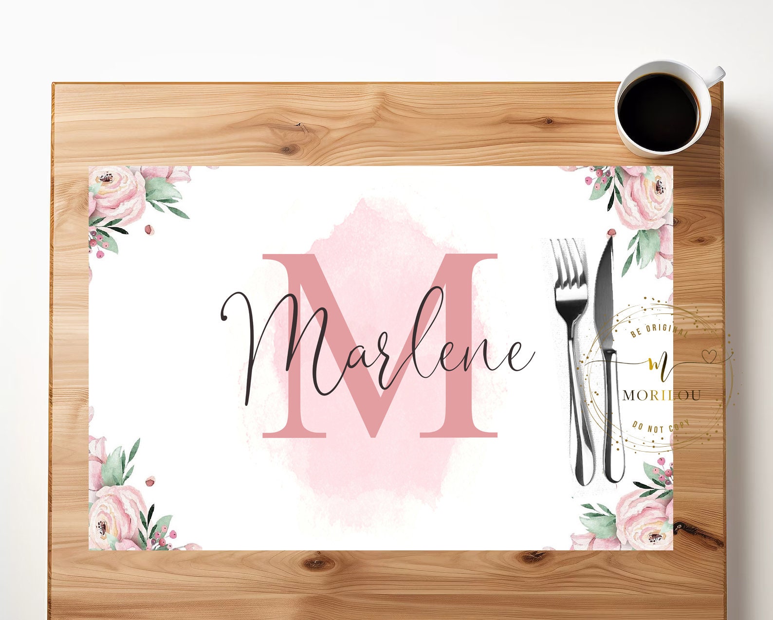 TISCHSET / PLATZSET "Name" aus weißem, abwaschbaren Kunststoff mit rutschfestem Kautschuk-Rücken - Geschenk beste Freundin, Oma, Kollegin