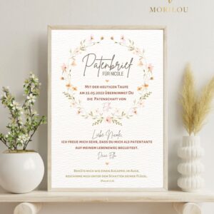 Patenbrief personalisiert, Geschenk für die Patin, Geschenk für den Paten, Taufe, Erinnerung, Poster, Taufbrief, Blumenmuster, minimalism