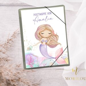 POSTMAPPE / SAMMELMAPPE für Kinder - personalisiert - Zeugnismappe, Kunstmappe, Sammelmappe mit vielen Kindermotiven A4 mit Meerjungfrau