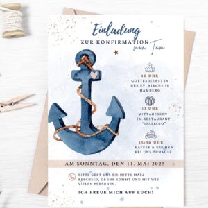 Einladungskarte zur Kommunion, Konfirmation oder Taufe, Postkarte, Save the Date Karte, Einladung mit Anker und euren Wunschdaten