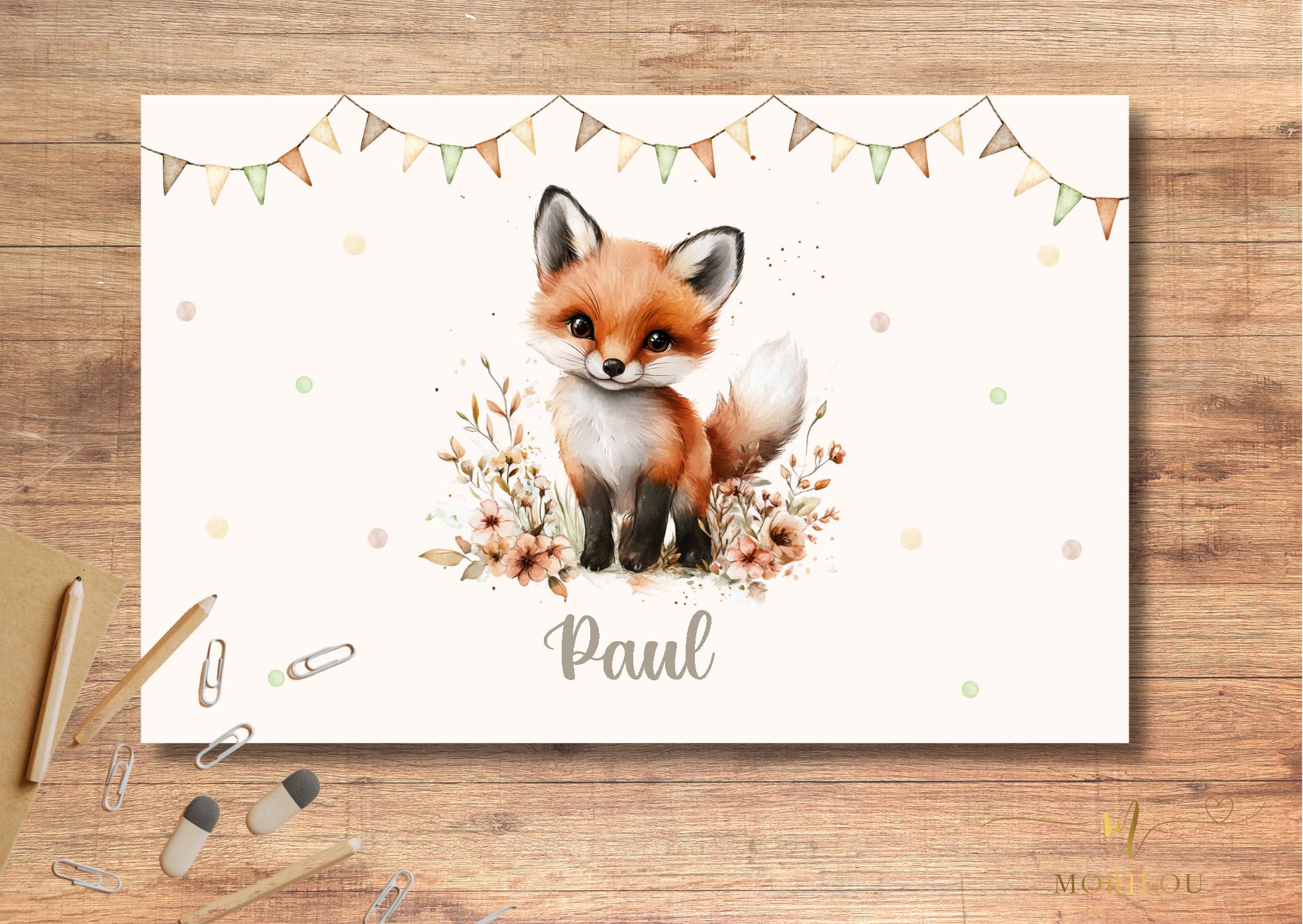 Unterlage für Kinder mit Fuchs, große SCHREIBTISCHUNTERLAGE ODER TISCHSET, Fuchsmotiv, Geschenk zum Geburtstag, Schulanfang, Malunterlage