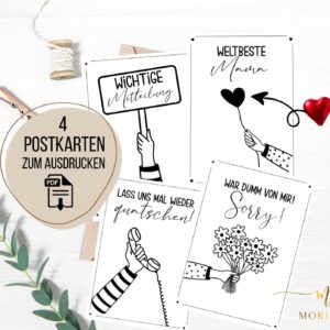 4 Postkarten minimalistisch schwarz-weiß Design zum Muttertag, zur Entschuldigung, einfach so, für Freunde, sorry, Karten, DIGITAL, pdf