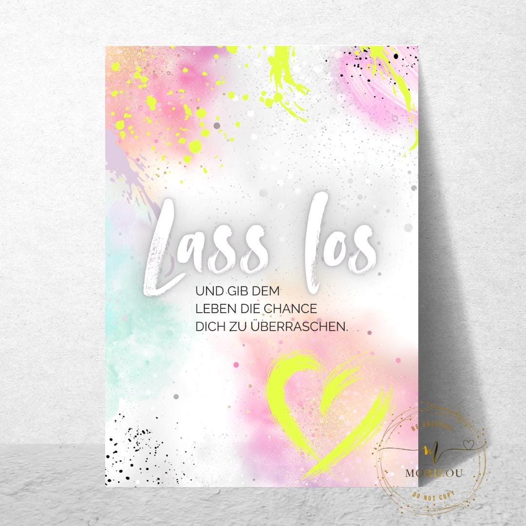 Postkarte "Lass los" mit abstraktem Design mit Spruch - Neon Design, leuchtende Wanddeko, ausgefallenes Wandbild, loslassen, Motivation