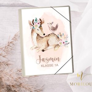 SAMMELMAPPE Zeichnungen Kunstwerke von Kinder - personalisiert - Zeugnismappe, Kunstmappe, Sammelmappe mit vielen Kindermotiven A4 mit Reh