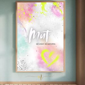 Artprint, Wanddekoration Poster in abstraktem Design mit Spruch "Mut" - Neon Design, leuchtende Wanddeko, Poster, ausgefallenes Wandbild