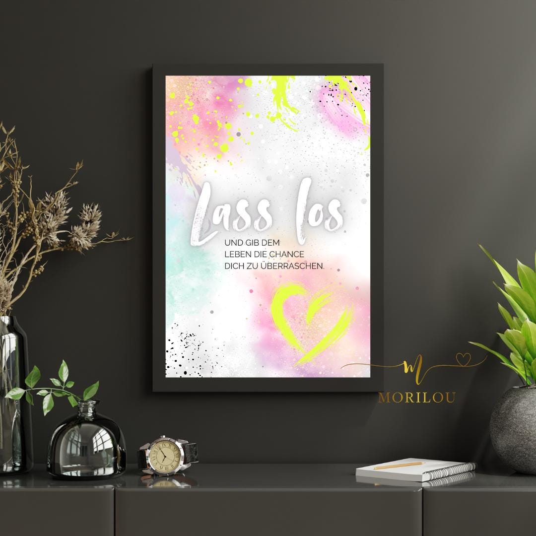 Postkarte "Lass los" mit abstraktem Design mit Spruch - Neon Design, leuchtende Wanddeko, ausgefallenes Wandbild, loslassen, Motivation – Bild 2