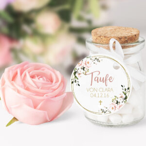 Personalisierte Aufkleber zur Tauf, Aufkleber mit Name, Blumenmuster, Gastgeschenke zur Taufe, Tischdekoration zur Taufe, Rosenmuster