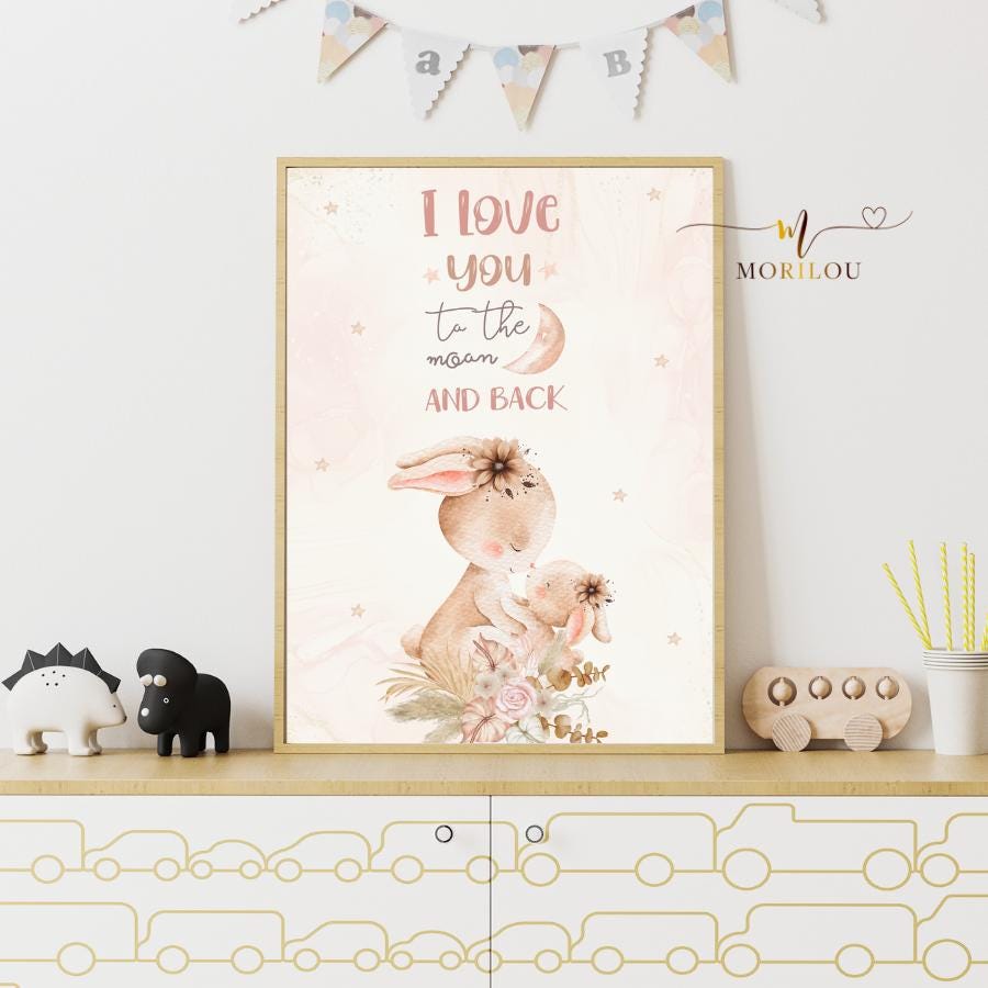 Kinderposter I love you to the moon and back, Kinderzimmerbild, Hasen, Kinderzimmerposter, Geschenk zur Geburt, Dekoration Kinderzimmer