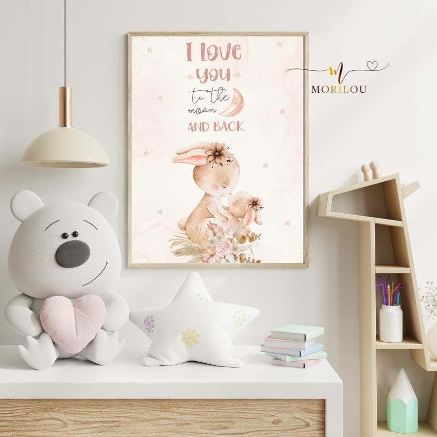 Kinderposter I love you to the moon and back, Kinderzimmerbild, Hasen, Kinderzimmerposter, Geschenk zur Geburt, Dekoration Kinderzimmer – Bild 2