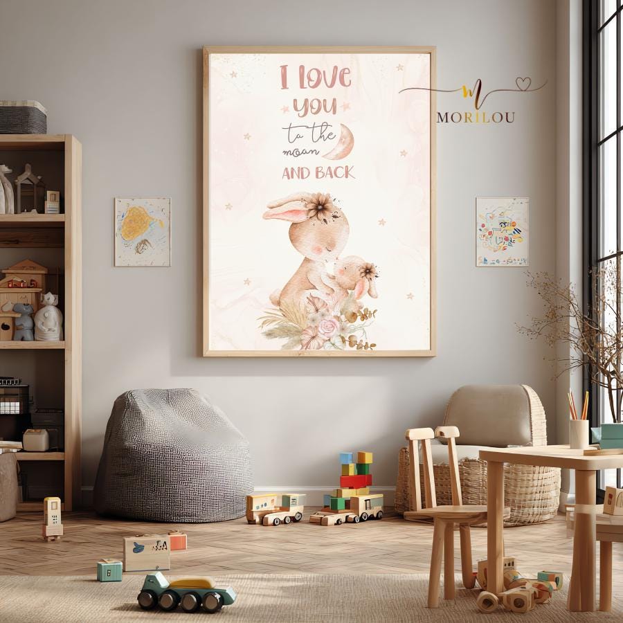 Kinderposter I love you to the moon and back, Kinderzimmerbild, Hasen, Kinderzimmerposter, Geschenk zur Geburt, Dekoration Kinderzimmer – Bild 3