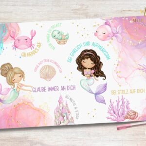 Schreibtischunterlage Affirmationen für Kinder mit Meerjungfrauen, Unterwasserwelt, Tischset Meerjungfrau, Meerjungfrau mit Name, Tischset