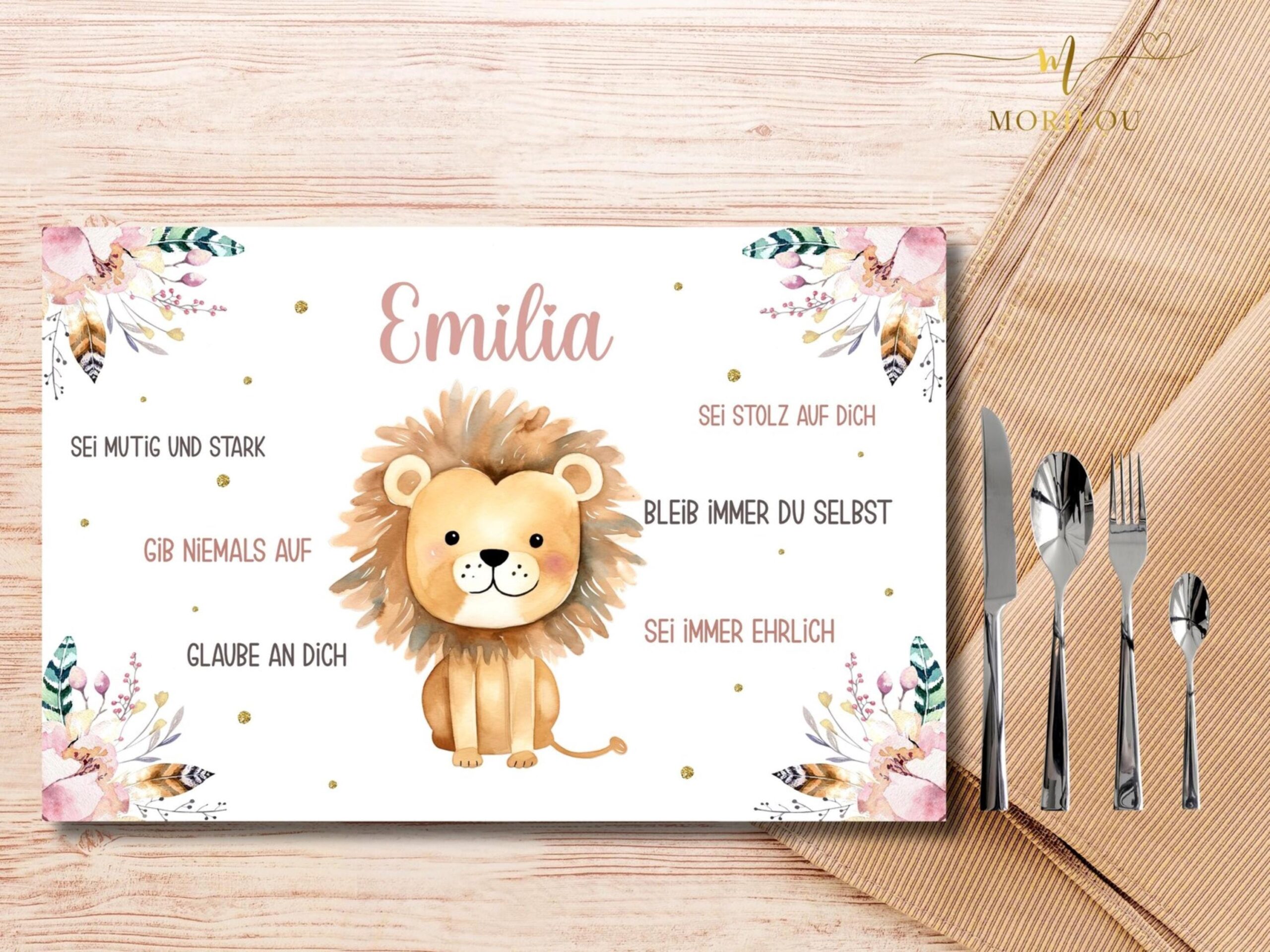 Tischset mit Affirmationen für Kinde, Löwe, mit Name, personalisiertes Tischset, Weihnachtsgeschenk, Schreibtischunterlage Löwe