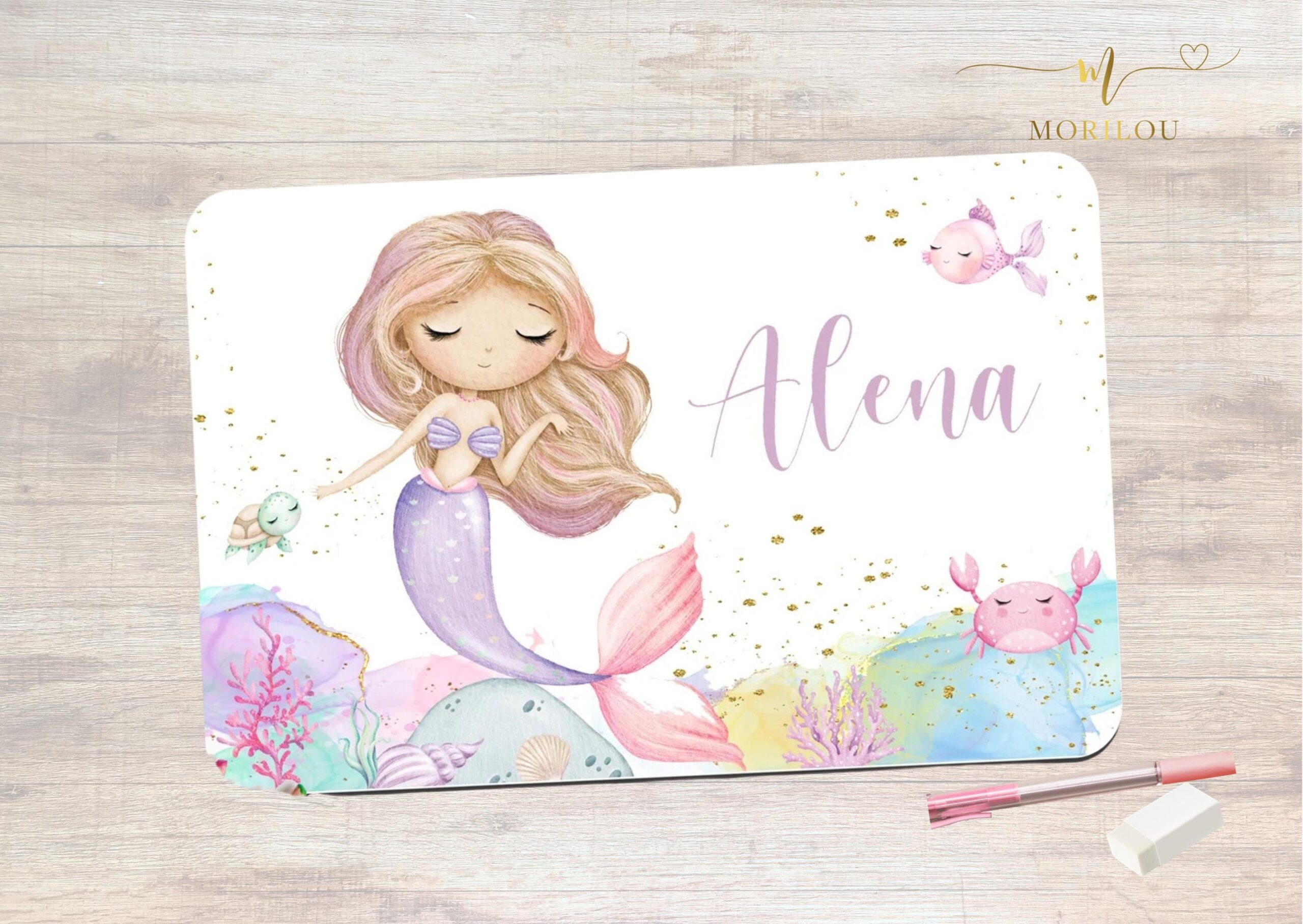 Schreibtischunterlage mit Meerjungfrau und Name, Unterwasserwelt, Tischset Meerjungfrau, Meerjungfrau mit Name, Tischset mit Name, Kinder