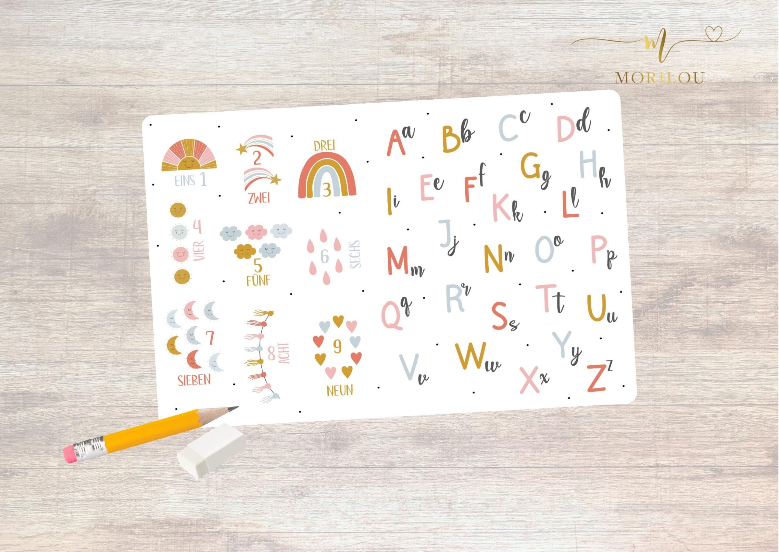 Schreibtischunterlage ABC und ZAHLEN, Lernunterlage, Lernposter, personalisiertes Tischset für Kinder, Weihnachtsgeschenk für Kinder