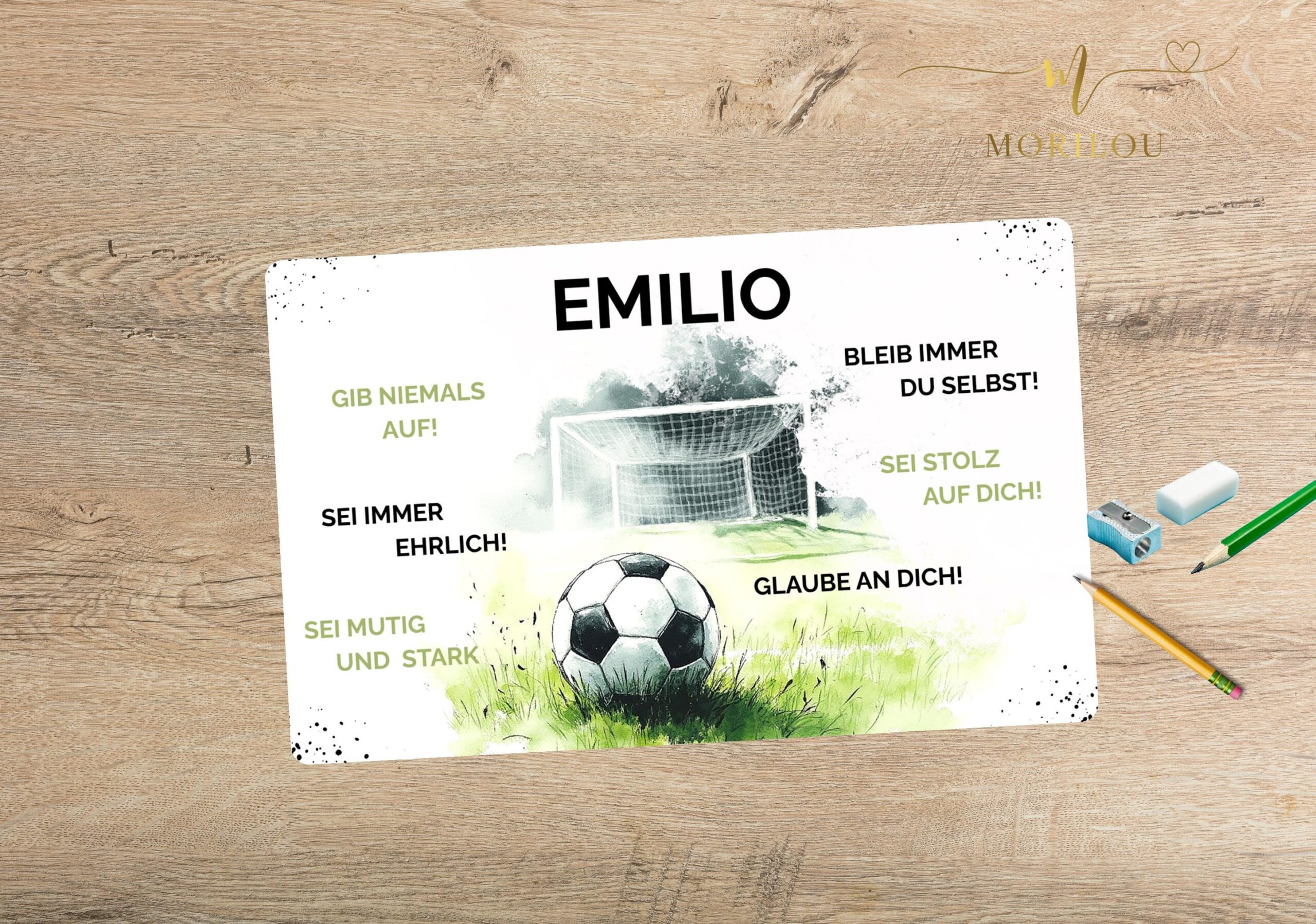 Schreibtischunterlage Fußball mit Affirmationen, personalisiert mit Name, personalisiertes Tischset, Geschenk Geburtstag, Weihnachtsgeschenk