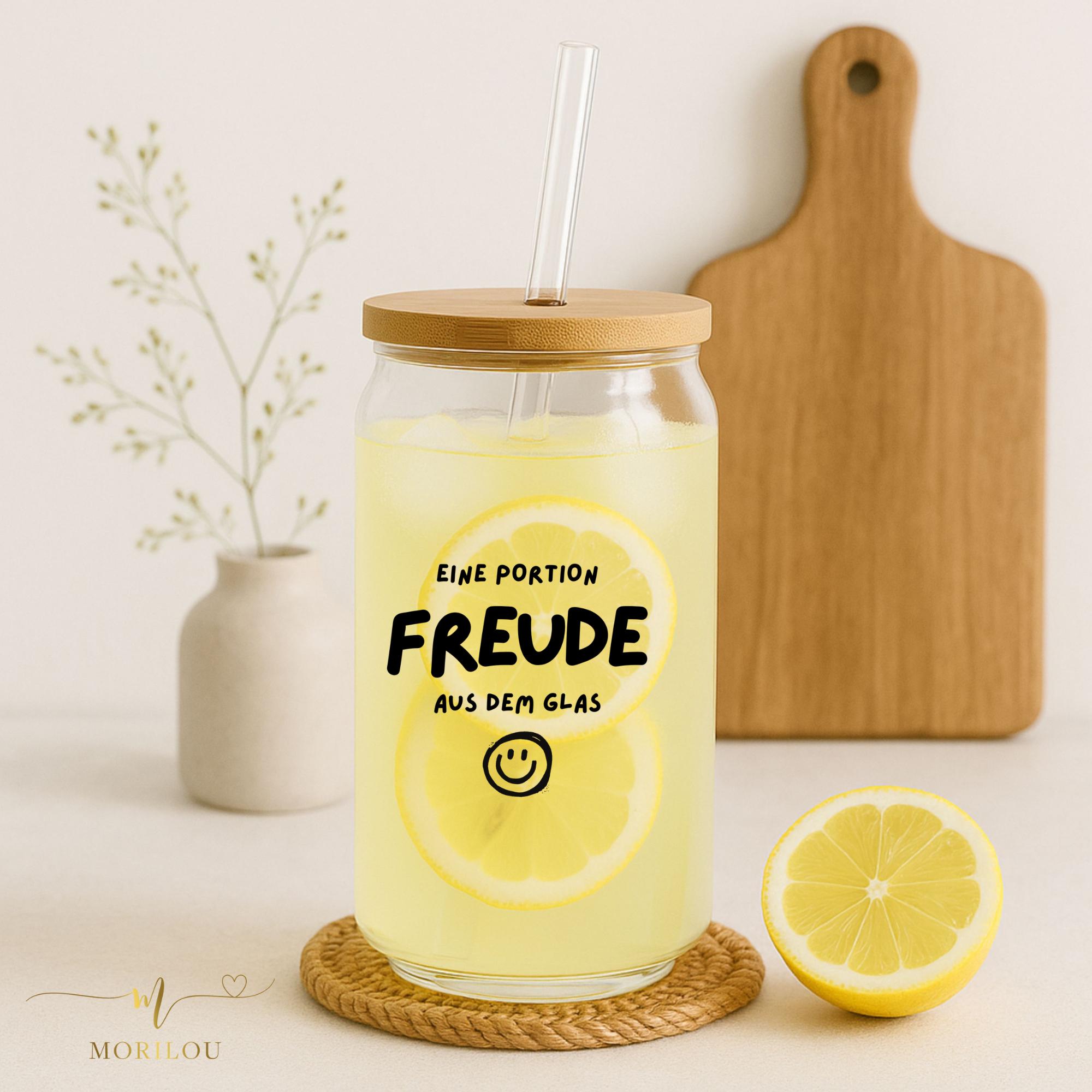 Trinkglas mit Bambusdeckel und Strohhalm aus Glas, Eine Portion Freude, Trinkglas für die Freundin, Home Office, Motivation, Geschenk Glas